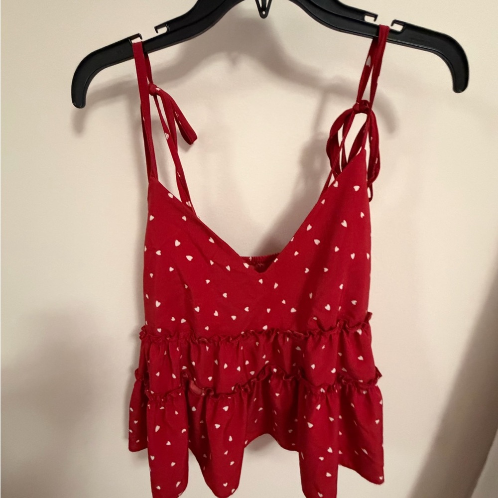 Red Heart Print Ruffle Tie-Strap Women's Tank Top